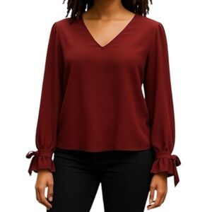 NEW CeCe Bow Cuff Burgundy V-Neck Blouse